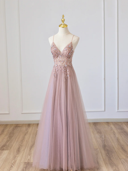 Pink V-Neck Tulle Long Prom Dress with Beaded P675