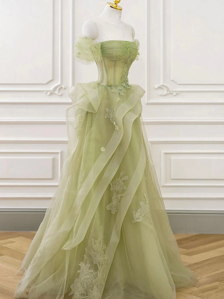 A-Line Off Shoulder Tulle Lace Green Long Prom Dress P634