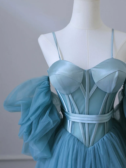 A-Line Sweetheart Neck Tulle Blue Long Prom Dress P637