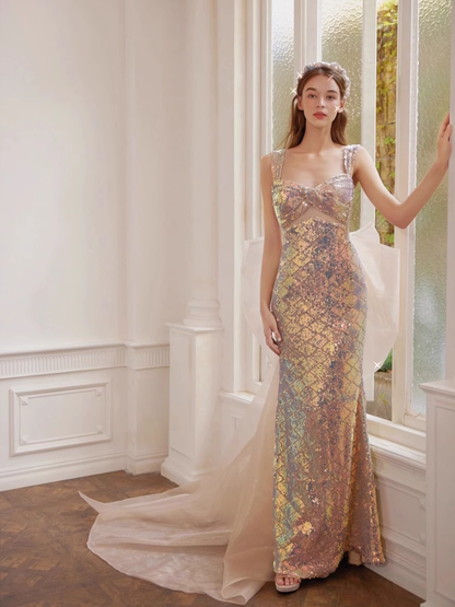 Sparkly Mermaid Straps Sequin Party Dresses Long Prom Dresses P729