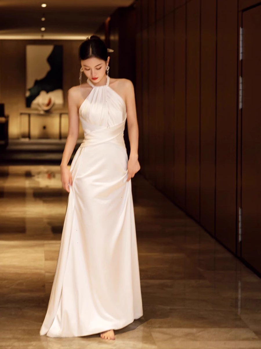 Simple Mermaid Halter Party Dresses Long White Prom Dresses P731
