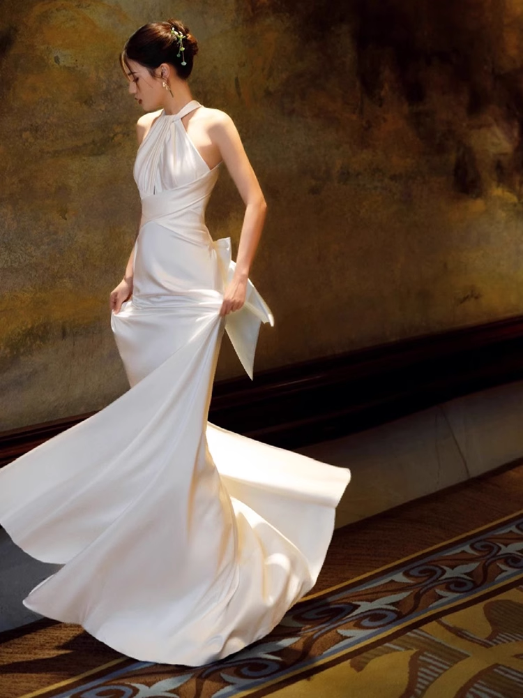 Simple Mermaid Halter Party Dresses Long White Prom Dresses P731