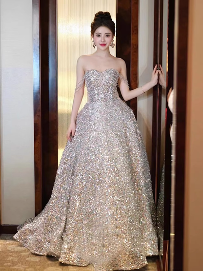 A line Straps Evening Party Dress Sequin Long Prom Dress P779