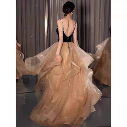 Ball Gown Straps Tulle Champagne Party Dress Long Prom Dress P872