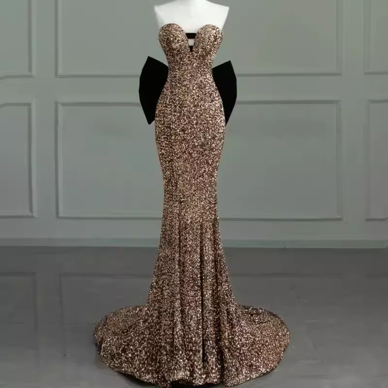 Vintage Mermaid Strapless Party Dresses Long Sequin Prom Dresses P944