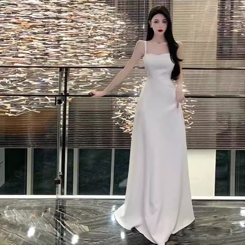 Princess A line Straps White Long Prom Dresses P1008
