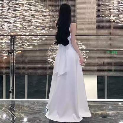 Princess A line Straps White Long Prom Dresses P1008