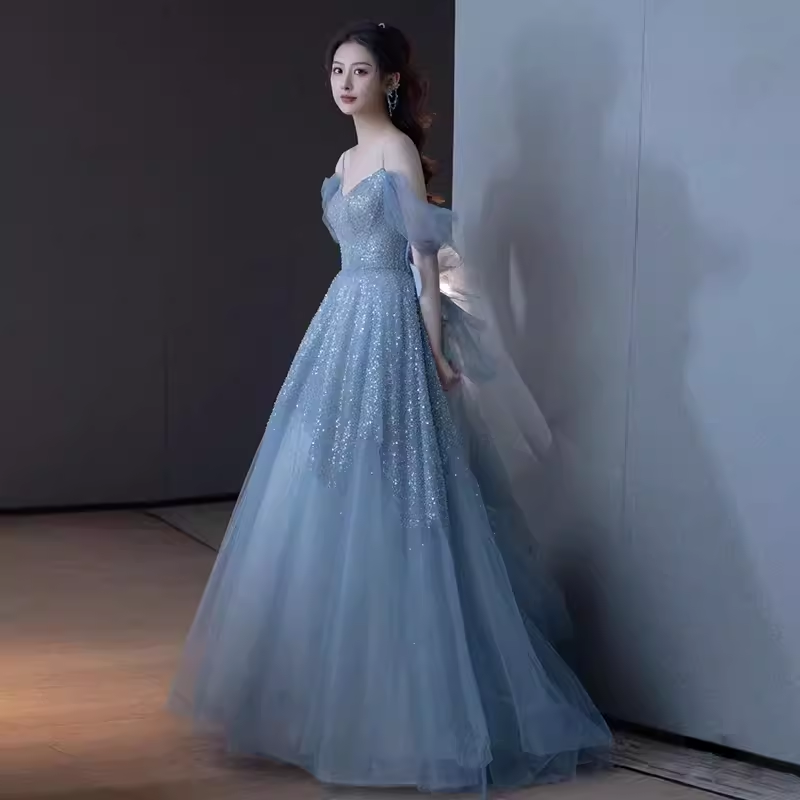 Princess A line Blue Sequin Long Prom Dresses P1009