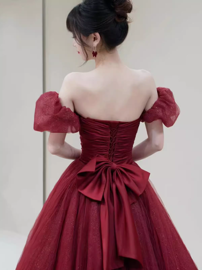 Princess Tulle Burgundy Long Prom Dresses P1014