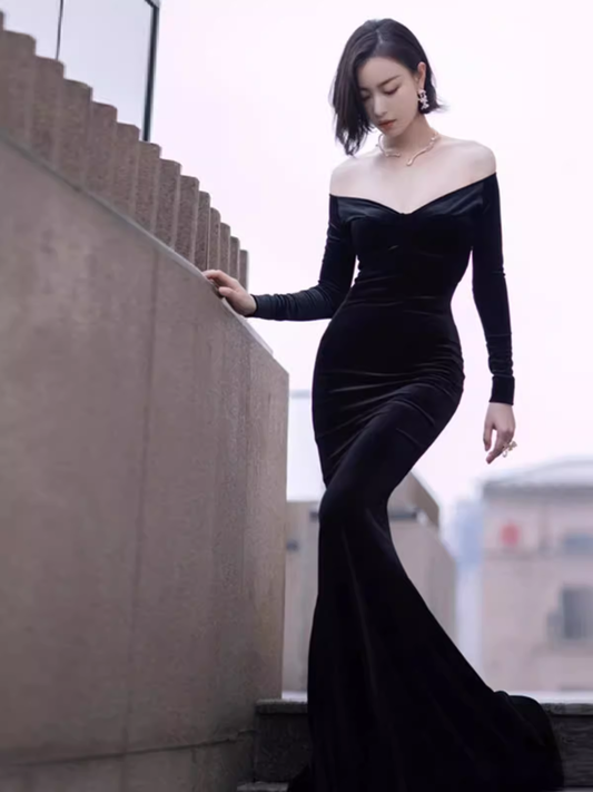 Sexy Mermaid Black Long Sleeves Velvet Prom Dresses P1015