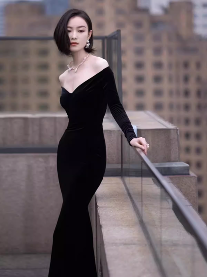 Sexy Mermaid Black Long Sleeves Velvet Prom Dresses P1015