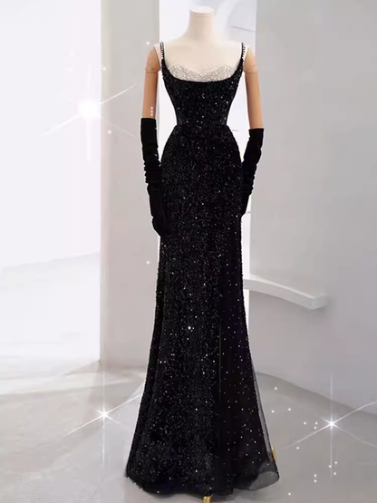 Mermaid Straps Sequin Black Backless Long Prom Dresses P1019