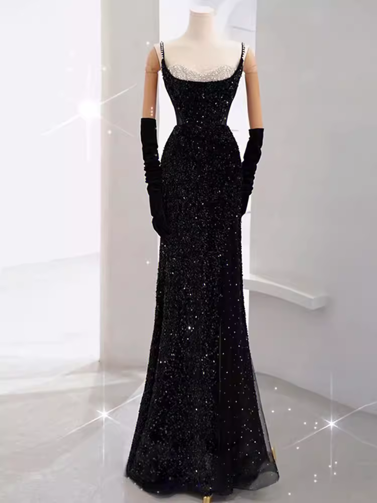 Mermaid Long Prom Dress New Sequin Sexy Black Slit Evening Dress P918