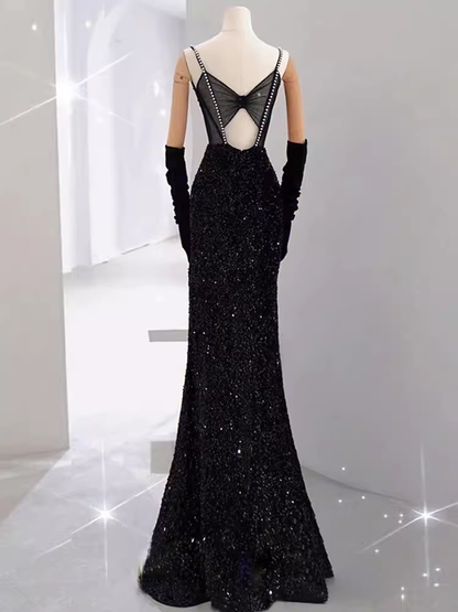 Mermaid Straps Sequin Black Backless Long Prom Dresses P1019