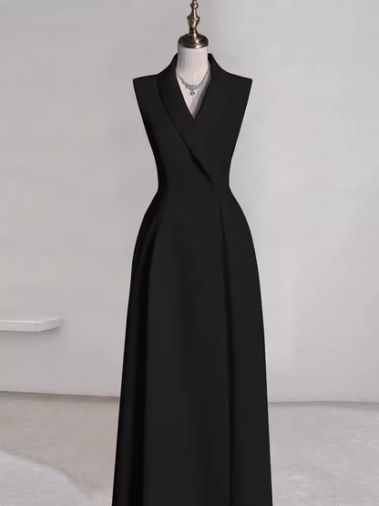 Sexy A line Black Satin Party Dresses Long Prom Dresses P1057