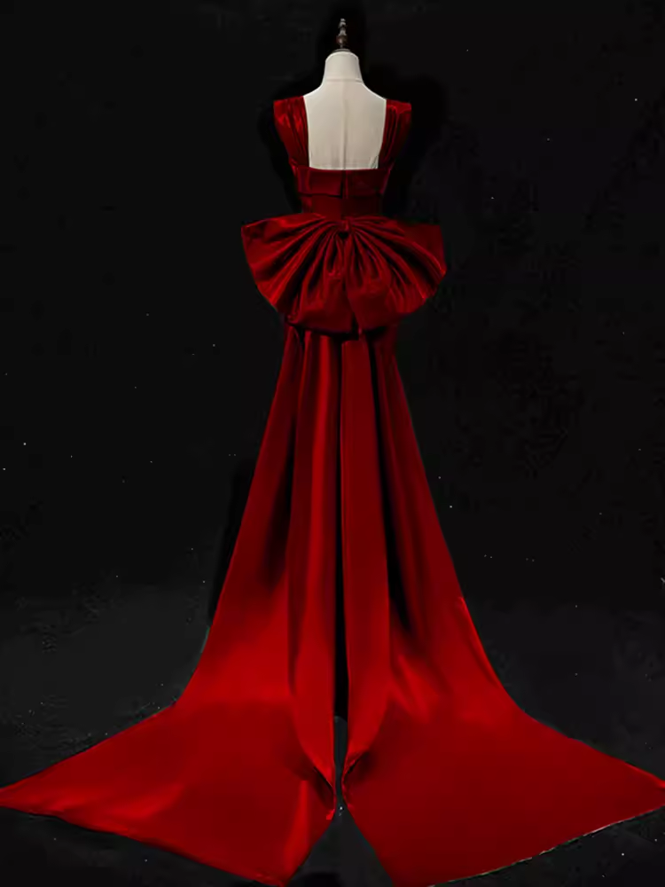 Modest Mermaid Straps Long Sleeveless Red Prom Dresses P1231