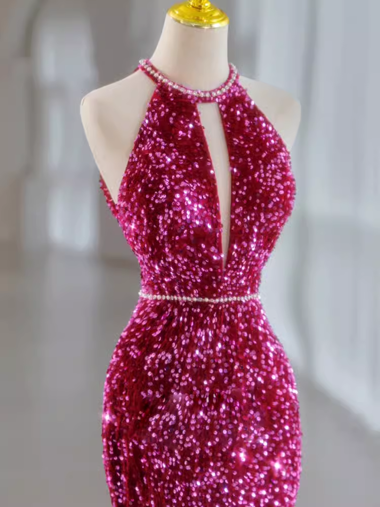 Modest Mermaid Long Sleeveless Sequin Prom Dresses P1232