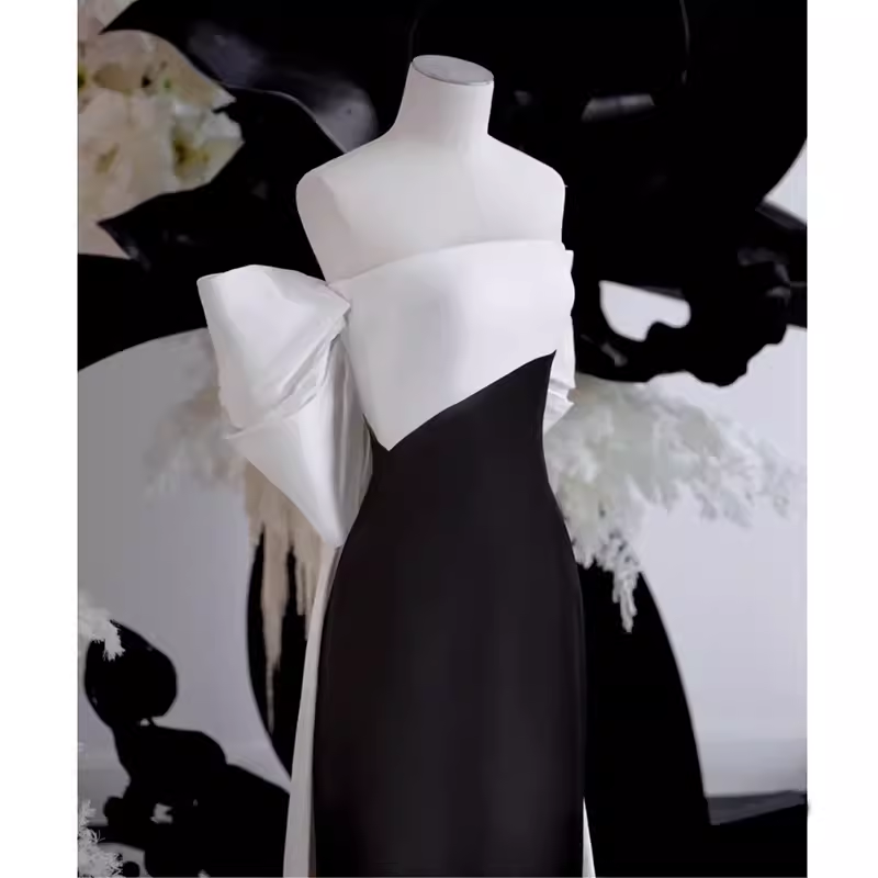 Modest A Line Strapless Long Sleeveless Satin Black Prom Dresses P1234