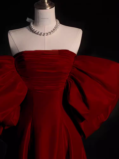 Modest A Line Strapless Long Short Sleeves Satin Red Prom Dresses P1236