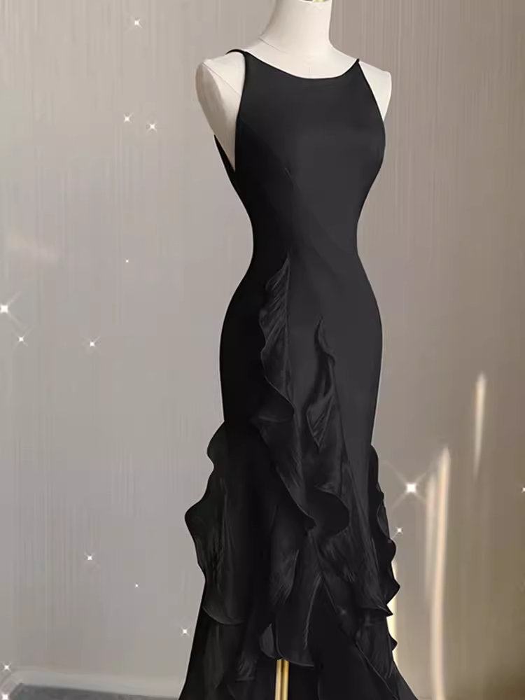 Sexy A line Long Senior Chiffon Black Prom Dress Formal Dress P1318