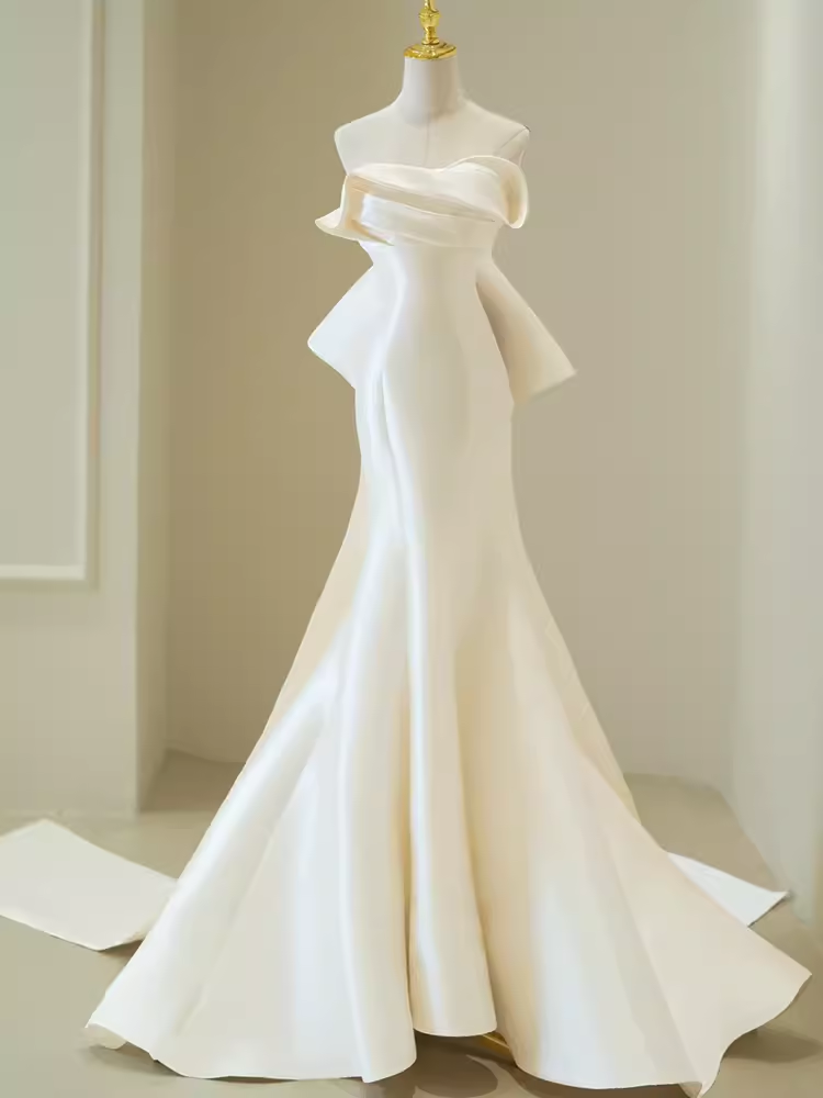 Vintage Mermaid Strapless Long White Satin Wedding Dresses With Bowknot P1326