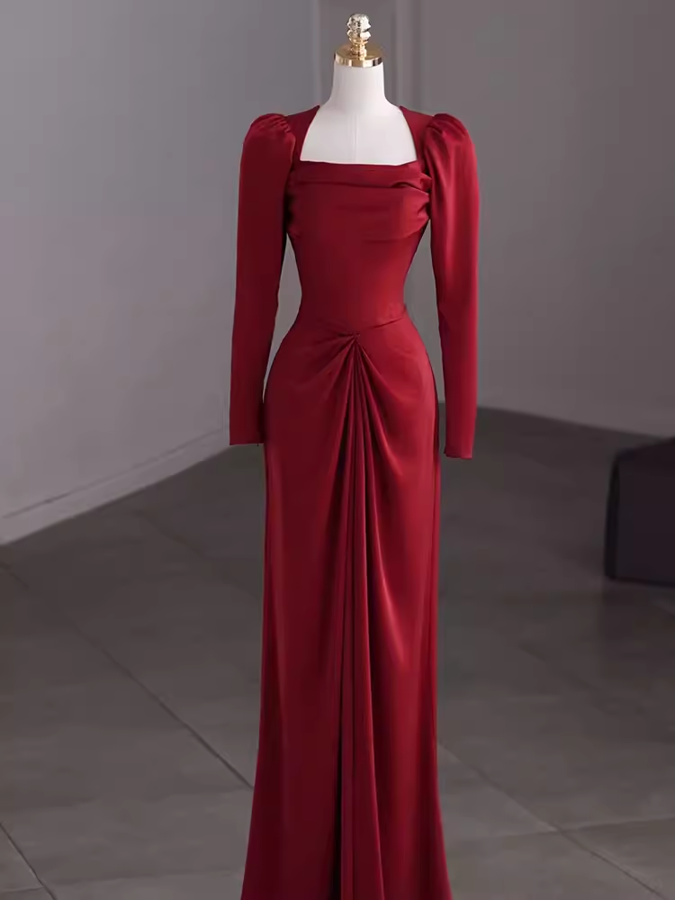 Simple Sheath Long Sleeves Red Prom Dress Evening Dress P1364