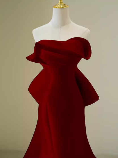 Simple Mermaid Strapless Long Red Prom Dress Evening Dress P1365