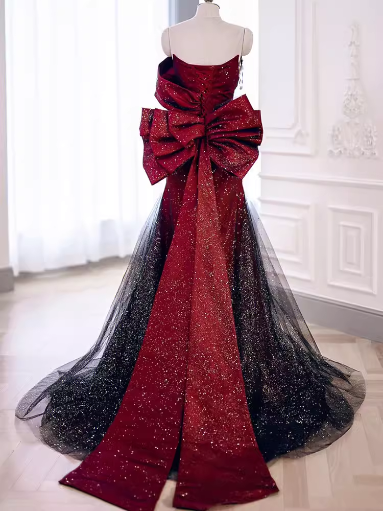 Mermaid Strapless Long Burgundy Prom Dress P1421