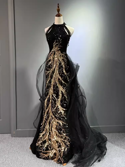 Modest Mermaid Halter Long Black Prom Dress P1423