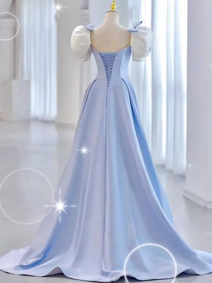 Modest Princess Short Sleeves Long Blue Satin Prom Dress P1426