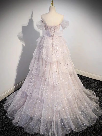 Ball Gown Off Shoulder Tulle Sequin Light Pink Long Prom Dress P1583