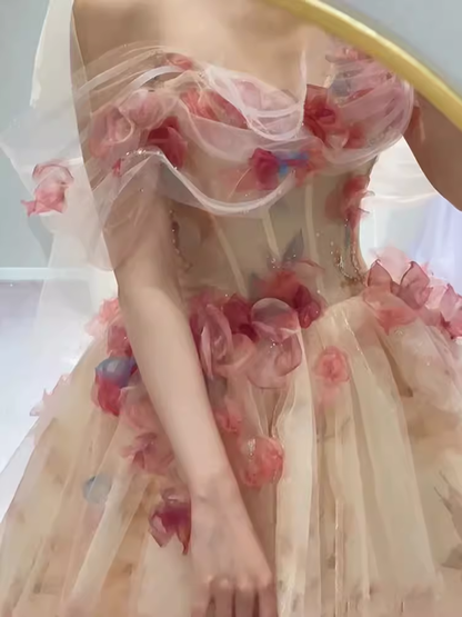 Ball Gown Strapless Champagne Floral Prom Dress Long Party Dresses P1606
