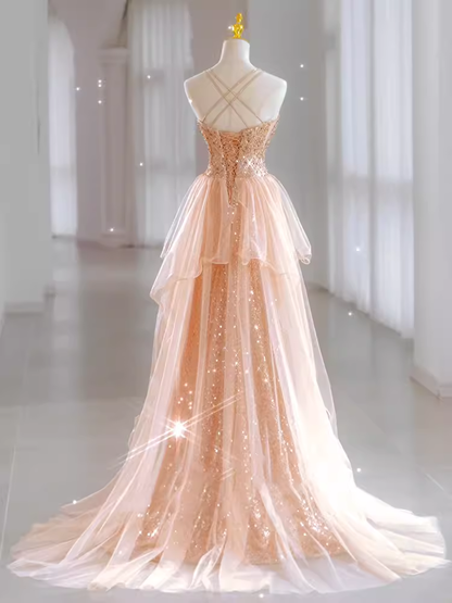 Sparkly Sheath Champagne Sequin Long Prom Dress Party Dresses P1614