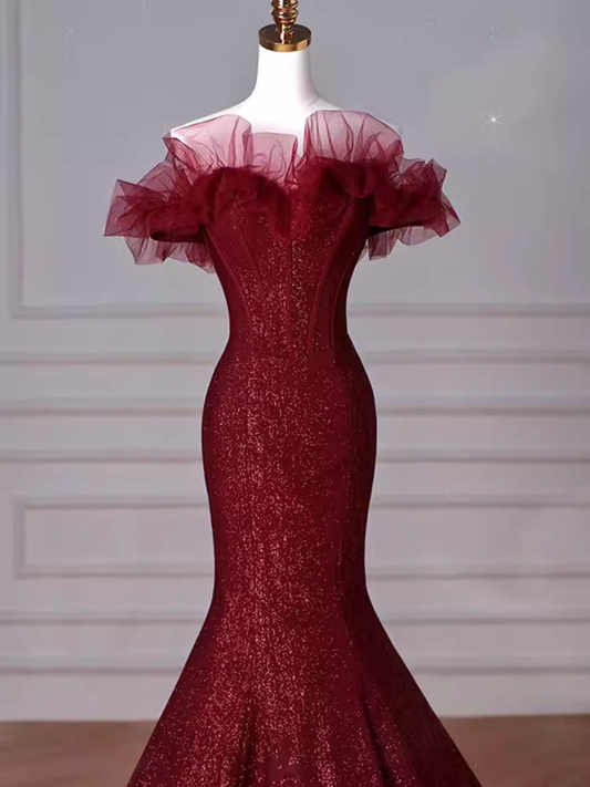 Sparkly Mermaid Burgundy Sequin Long Prom Dress Party Dresses P1613