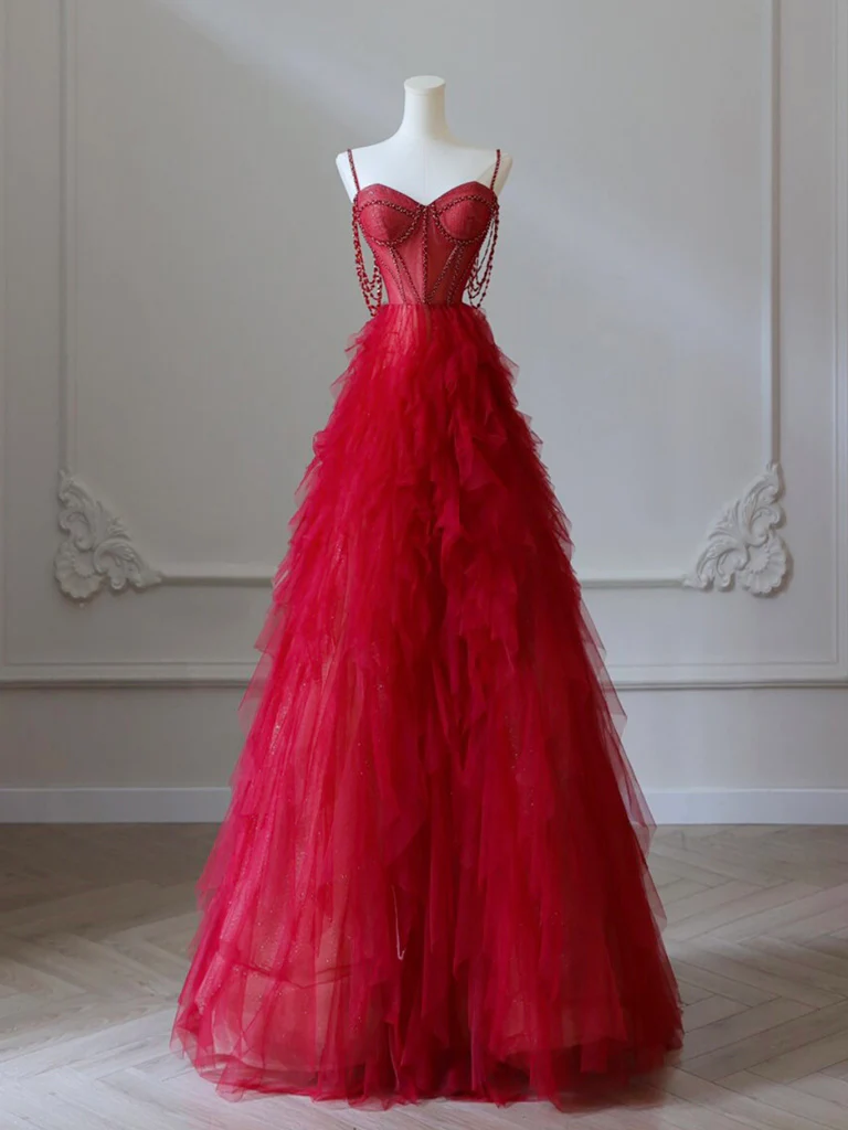 A-Line Sweetheart Neck Tulle Beads Burgundy Long Prom Dress P1615