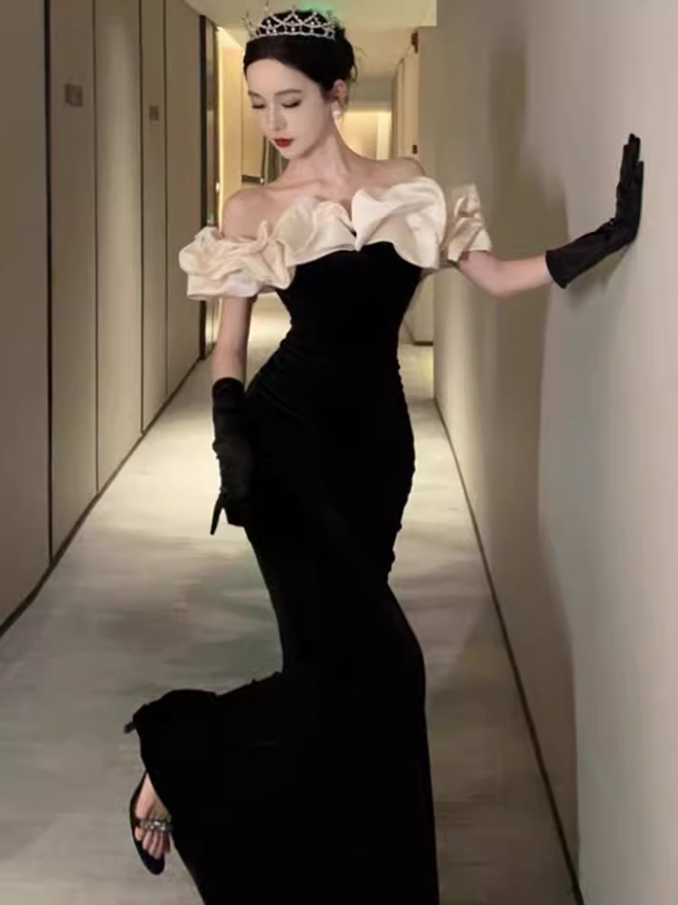 Sexy Mermaid Off The Shoulder Black Velvet Floor Length Prom Dress P1709