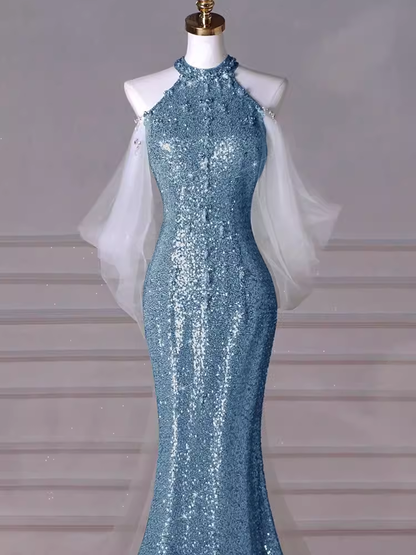 Sexy Mermaid Halter Sequin Blue Floor Length Prom Dress P1710