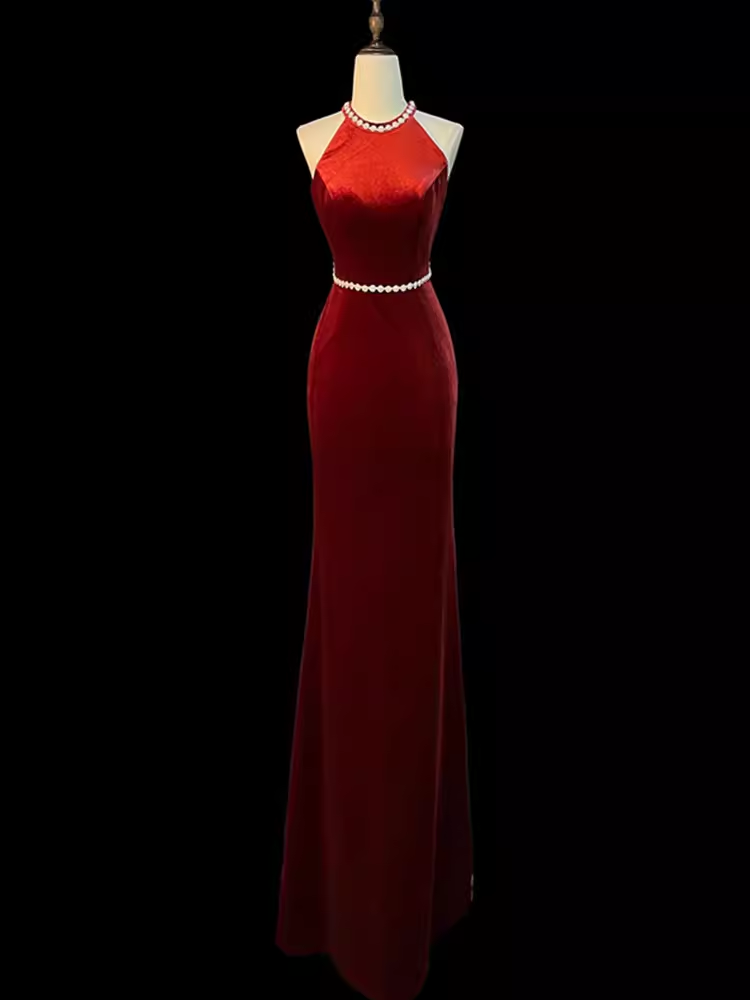 Mermaid Halter Burgundy Long Velvet Prom Dresses P1915