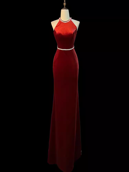Mermaid Halter Burgundy Long Velvet Prom Dresses P1915