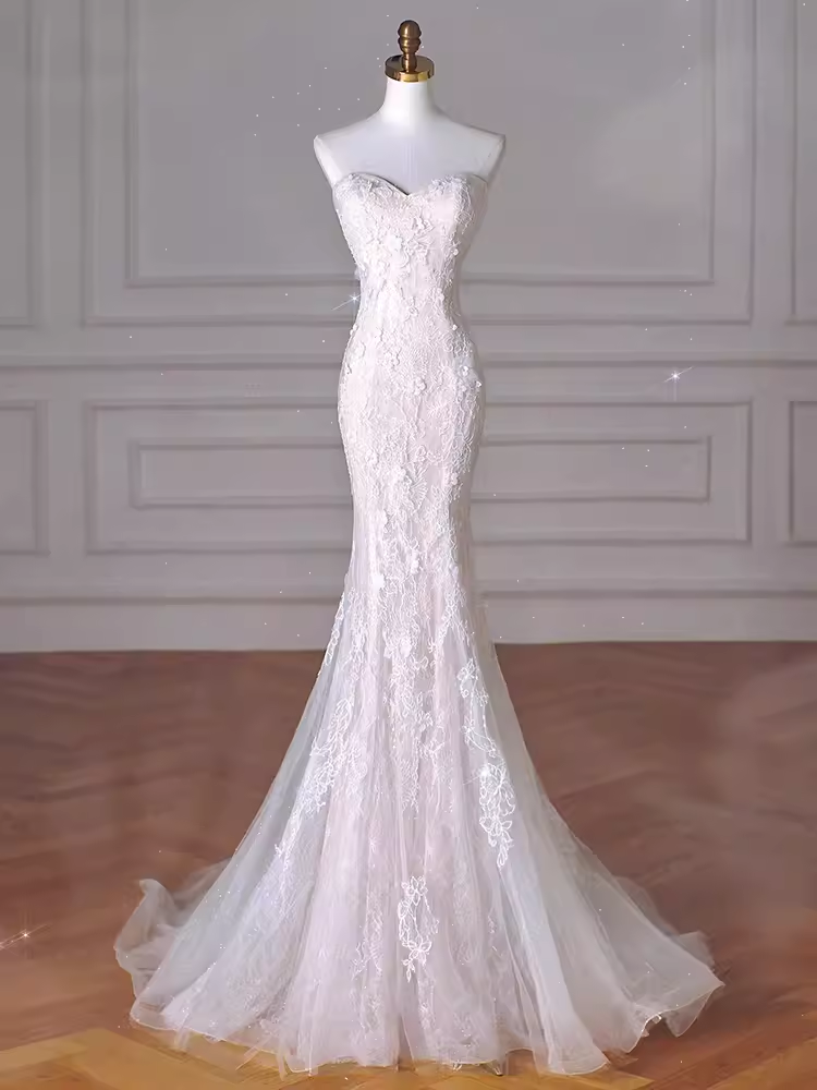Vintage Mermaid Strapless Long White Lace Wedding Dresses P1926