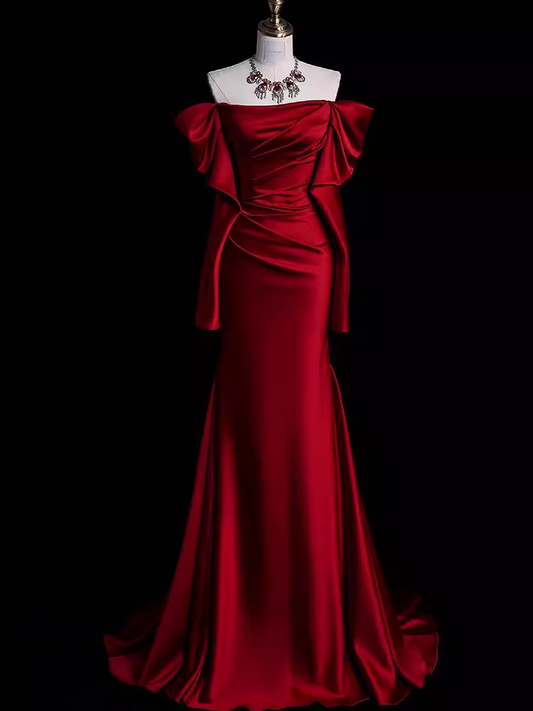 Mermaid Off The Shoulder Burgundy Long Satin Prom Dresses Elegant