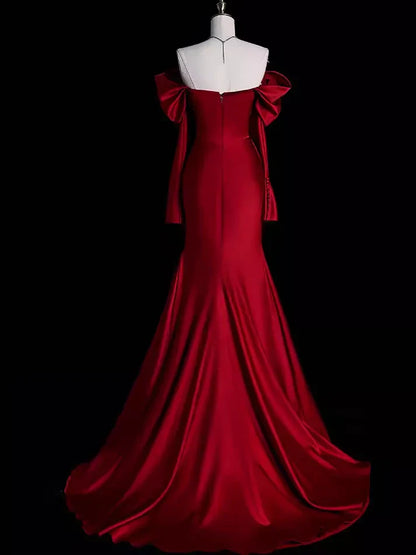 Burgundy Off The Shoulder Mermaid Long Satin Prom Dress Formal Party Evening Gown cc1552