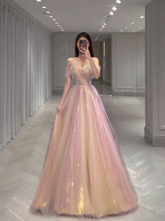 A Line Strapless Sequin Pink Prom Dresses Long Evening Dress P2025