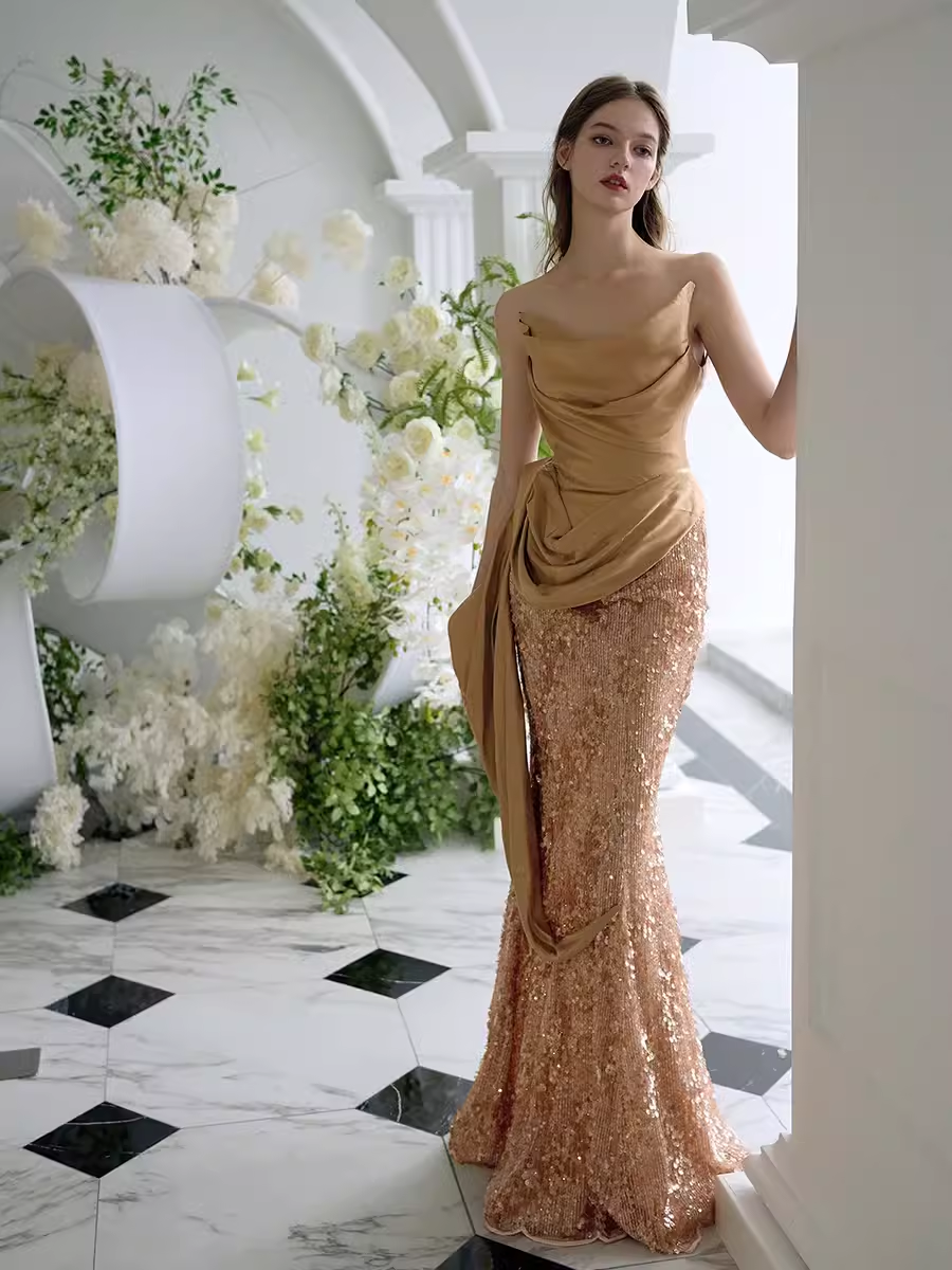 Mermaid Strapless Sequin Prom Dresses Evening Dress P2061