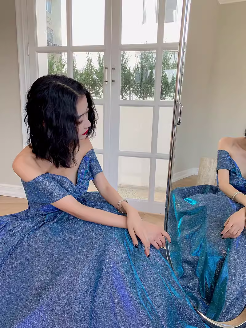 Simple A line Off The Shoulder Blue Prom Dresses Evening Dress P2147
