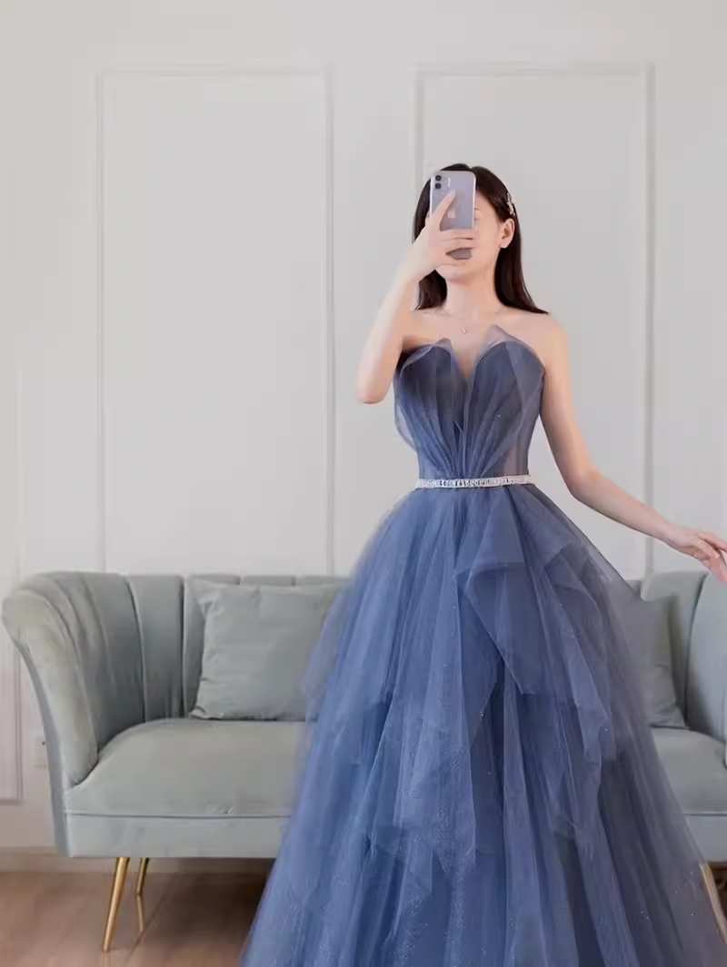 Simple Ball Gown Strapless Tulle Prom Dresses Evening Dress P2148