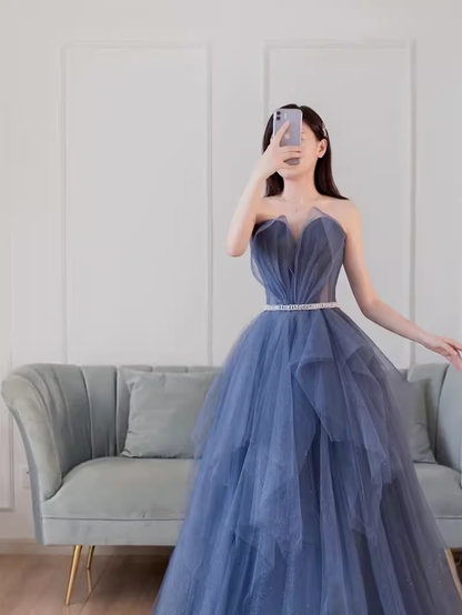 Simple Ball Gown Strapless Tulle Prom Dresses Evening Dress P2148