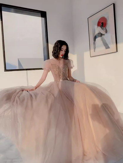 Simple A Line Champagne Tulle Prom Dresses Evening Dress P2149