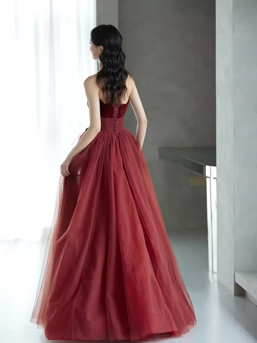 A line Burgundy Strapless Prom Dresses Evening Dress P2157