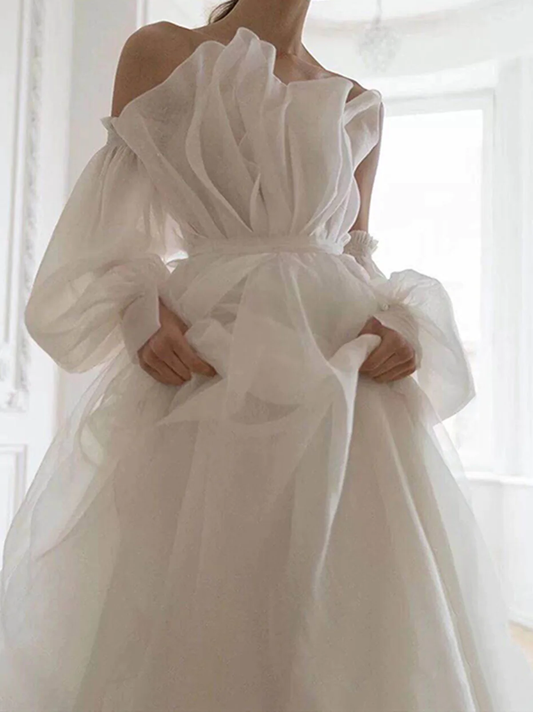 A line White Long Organza Prom Dress Formal Dresses P2202